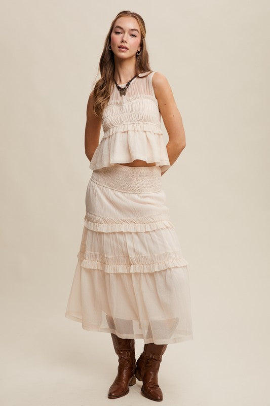 NEWEST ARRIVAL Cream Sheer Organza Midi Skirt Set