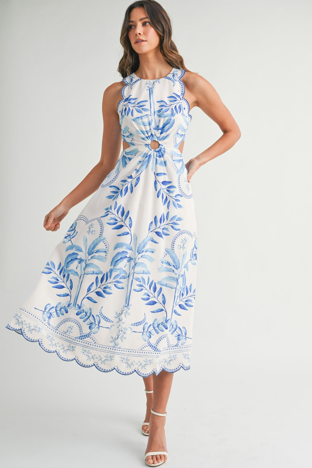Blue Floral Cut Out Midi Dress