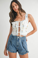 Load image into Gallery viewer, LAST ONE White/Light Blue Flower Embroidered Front Tie Top
