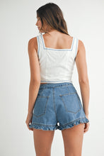 Load image into Gallery viewer, LAST ONE White/Light Blue Flower Embroidered Front Tie Top
