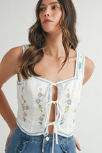 Load image into Gallery viewer, LAST ONE White/Light Blue Flower Embroidered Front Tie Top
