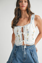 Load image into Gallery viewer, LAST ONE White/Light Blue Flower Embroidered Front Tie Top
