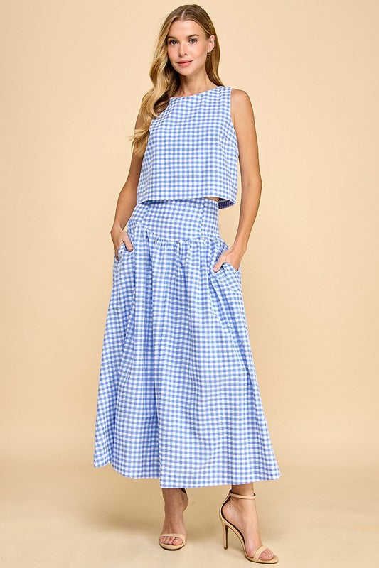 NEWEST ARRIVAL *PREORDER 4/23* Blue Gingham Midi Skirt Set