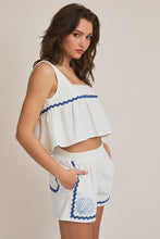 Load image into Gallery viewer, FINAL SALE White/Blue Seashell Beach Shorts Set
