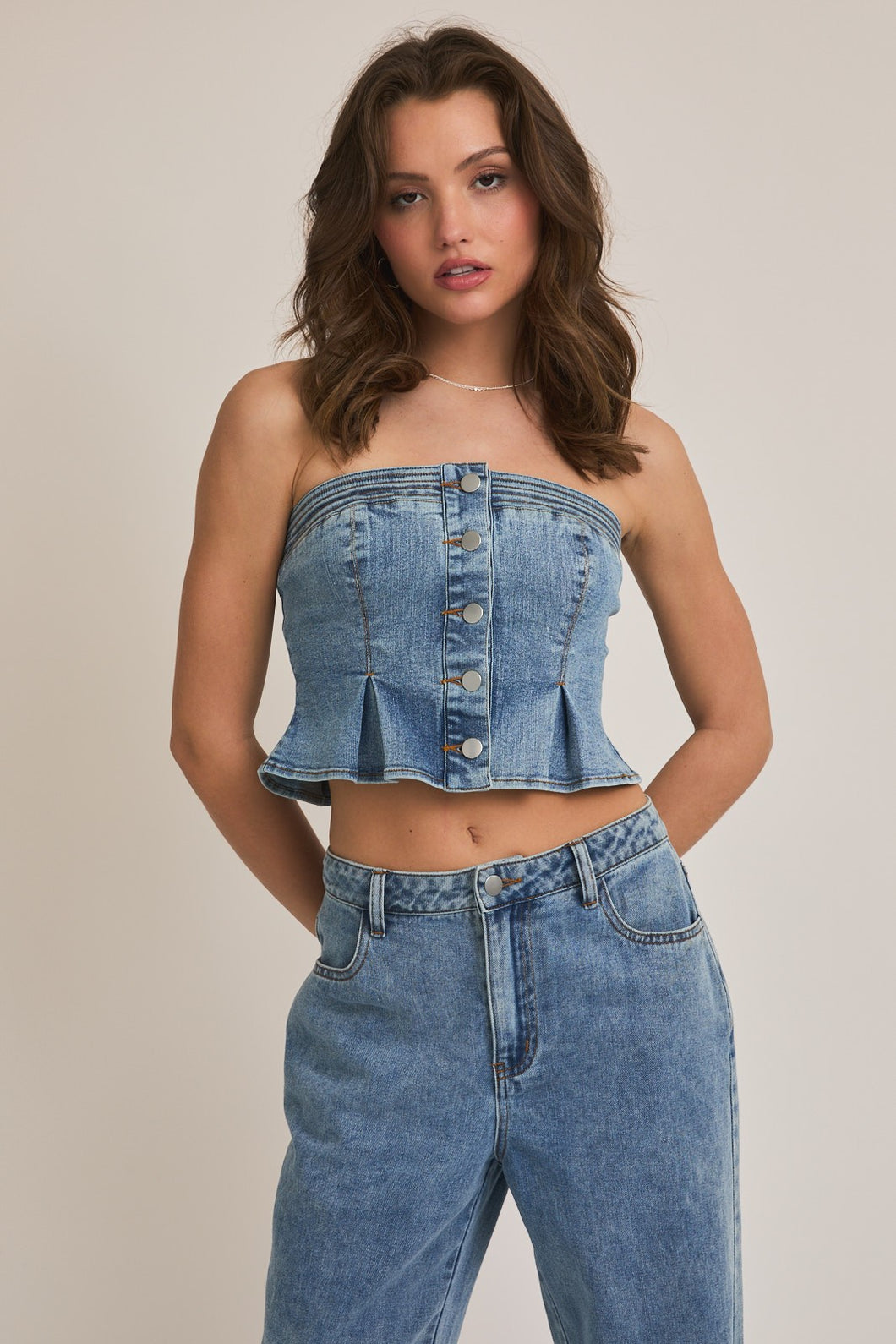 NEWEST ARRIVAL Denim Button Front Tube Top