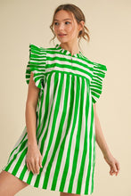 Load image into Gallery viewer, Bold Green Striped Ruffle Sleeve Dress
