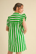 Load image into Gallery viewer, Bold Green Striped Ruffle Sleeve Dress
