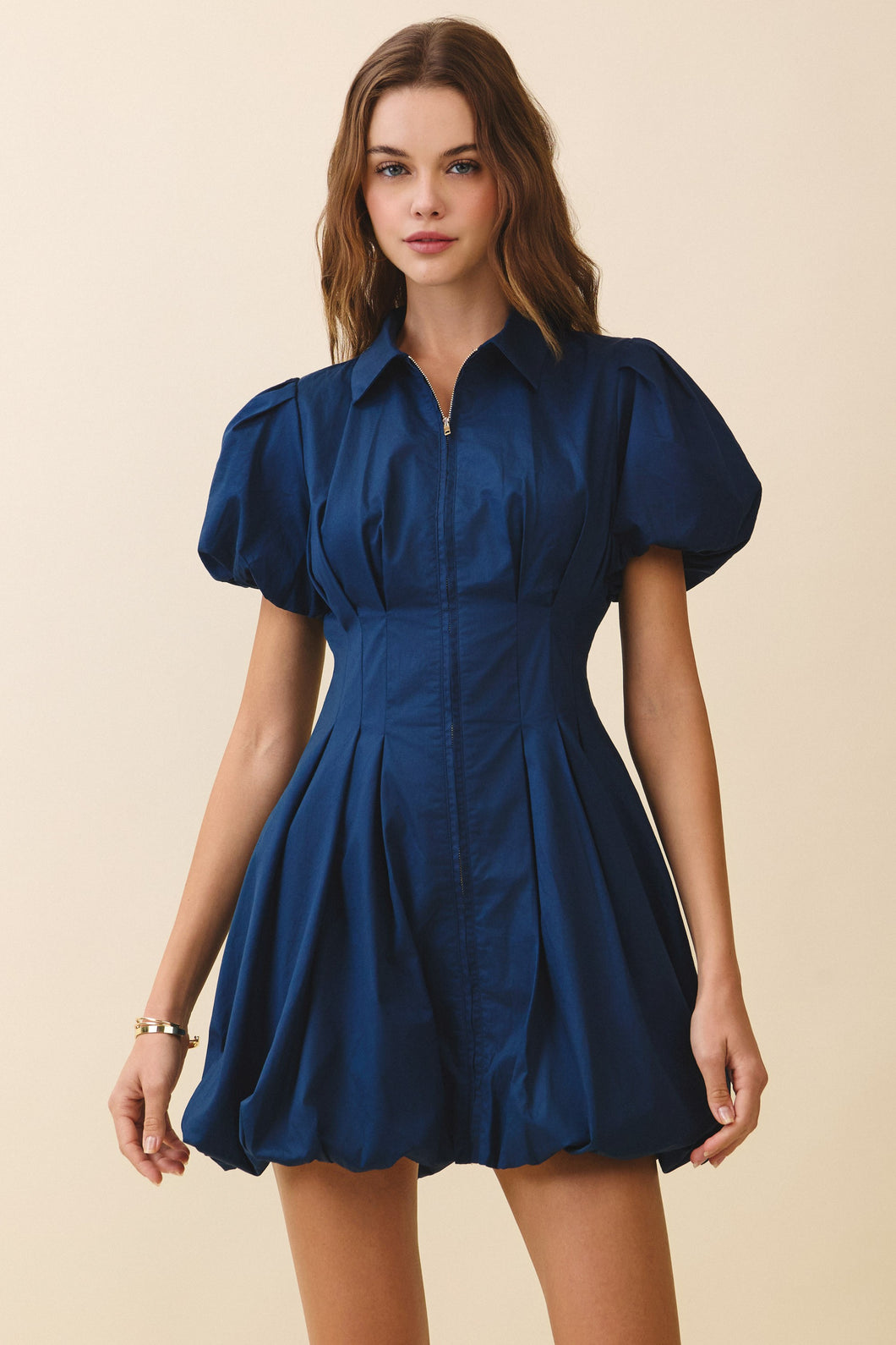 NEWEST ARRIVAL Navy Zipper Front Bubble Sleeve Dress