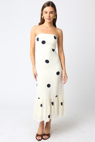 NEWEST ARRIVAL Off White/Black Polka Dot Strapless Midi Dress