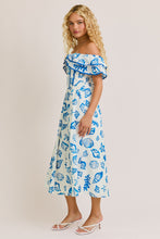 Load image into Gallery viewer, FINAL SALE Blue Seashell Beach Print Off Shoulder Midi Dress
