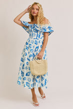 Load image into Gallery viewer, FINAL SALE Blue Seashell Beach Print Off Shoulder Midi Dress
