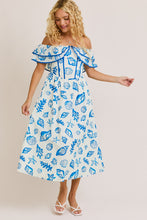 Load image into Gallery viewer, FINAL SALE Blue Seashell Beach Print Off Shoulder Midi Dress
