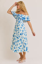 Load image into Gallery viewer, FINAL SALE Blue Seashell Beach Print Off Shoulder Midi Dress
