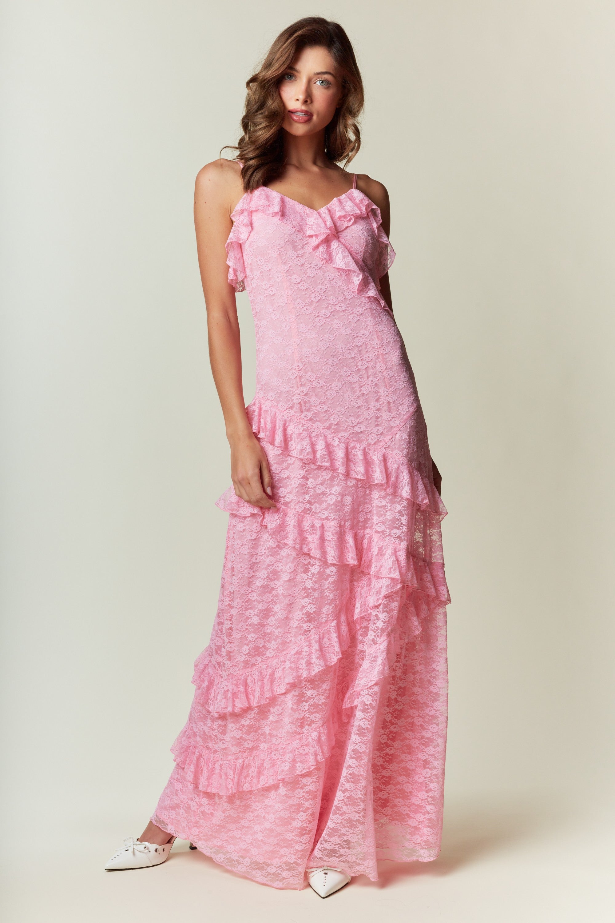 NEWEST ARRIVAL Pink Ruffle Lace Maxi Dress  Five Points Boutique