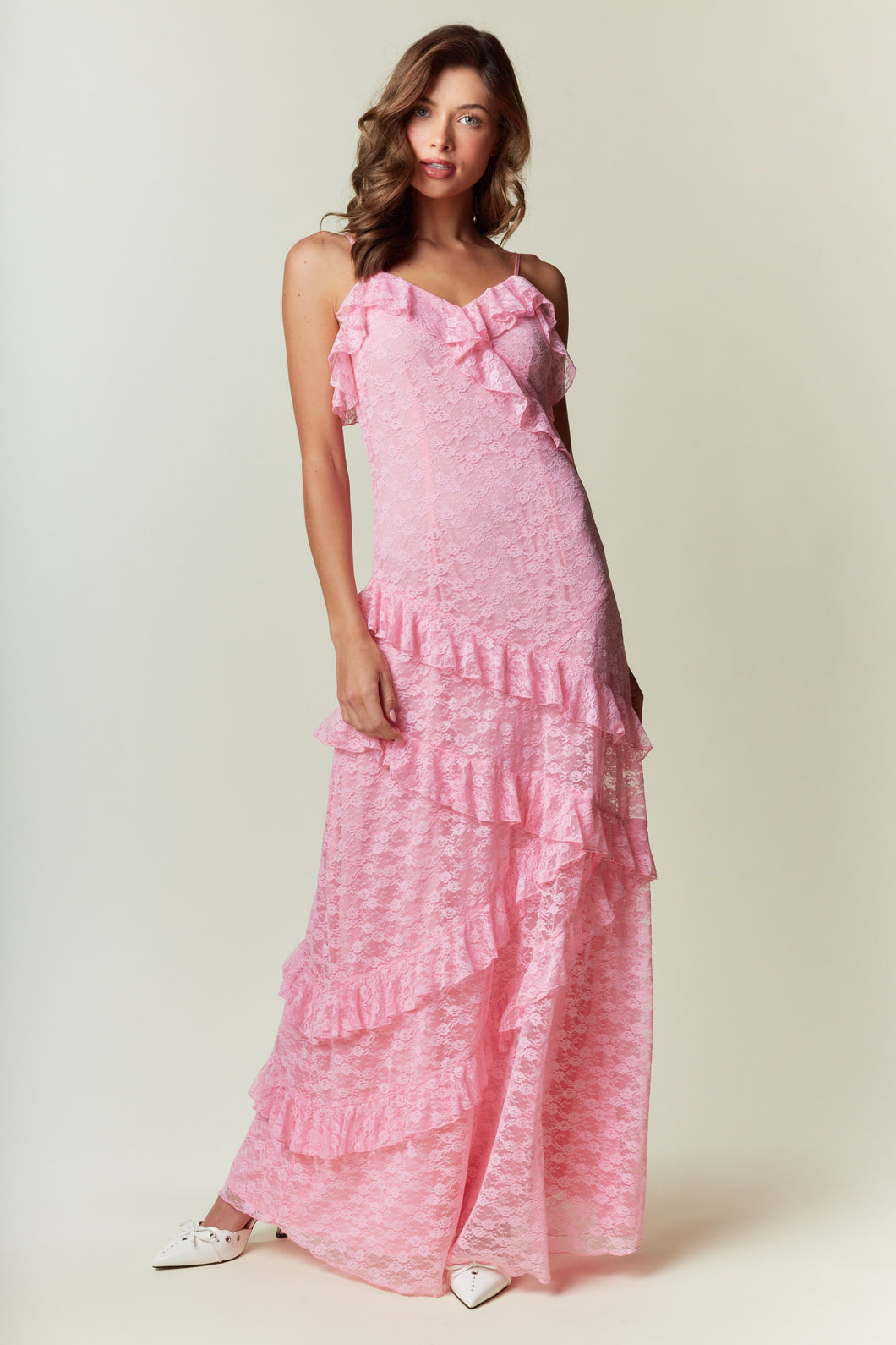 NEWEST ARRIVAL Pink Ruffle Lace Maxi Dress – Five Points Boutique