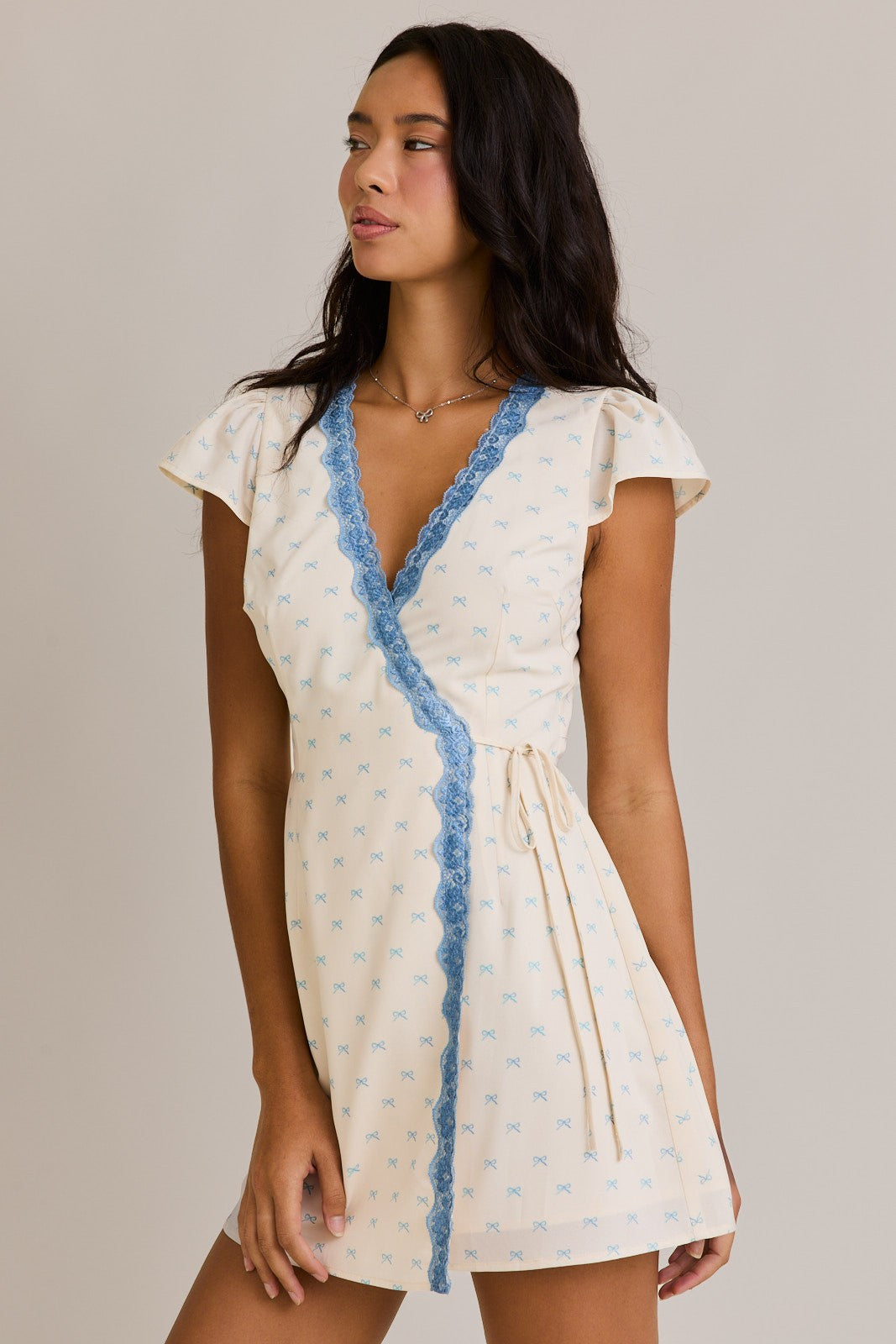 Cream Blue Bow Wrap Mini Dress – Five Points Boutique
