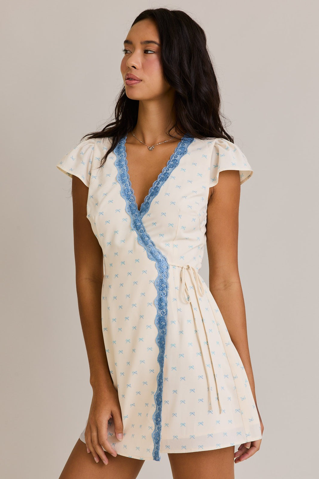 FINAL SALE Cream Blue Bow Wrap Mini Dress