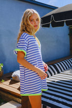 Load image into Gallery viewer, NEWEST ARRIVAL *PREORDER 4/15* Blue/Neon Yellow Striped Terry Knit Oversized Romper
