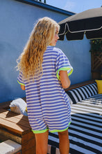 Load image into Gallery viewer, NEWEST ARRIVAL *PREORDER 4/15* Blue/Neon Yellow Striped Terry Knit Oversized Romper
