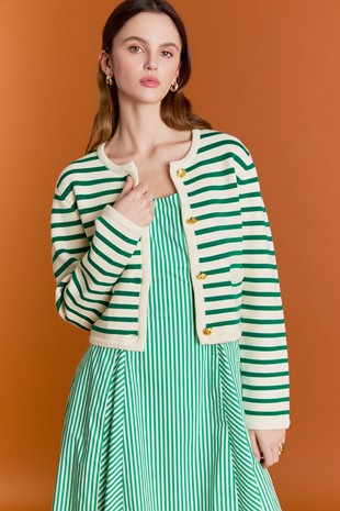 NEWEST ARRIVAL White/Green Striped Knit Sweater Cardigan