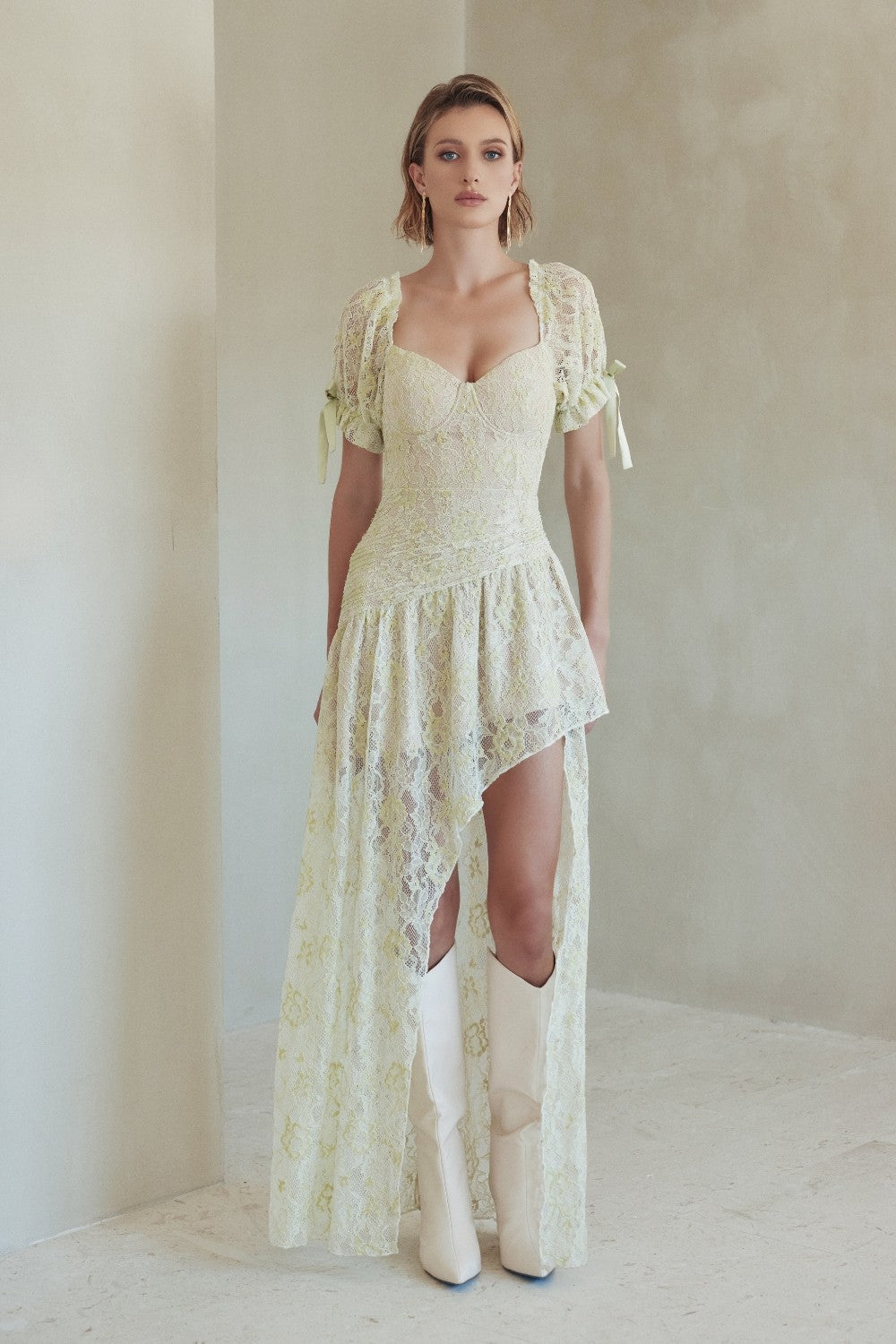 FINAL SALE Sage Lace Asymmetrical Maxi Dress – Five Points Boutique