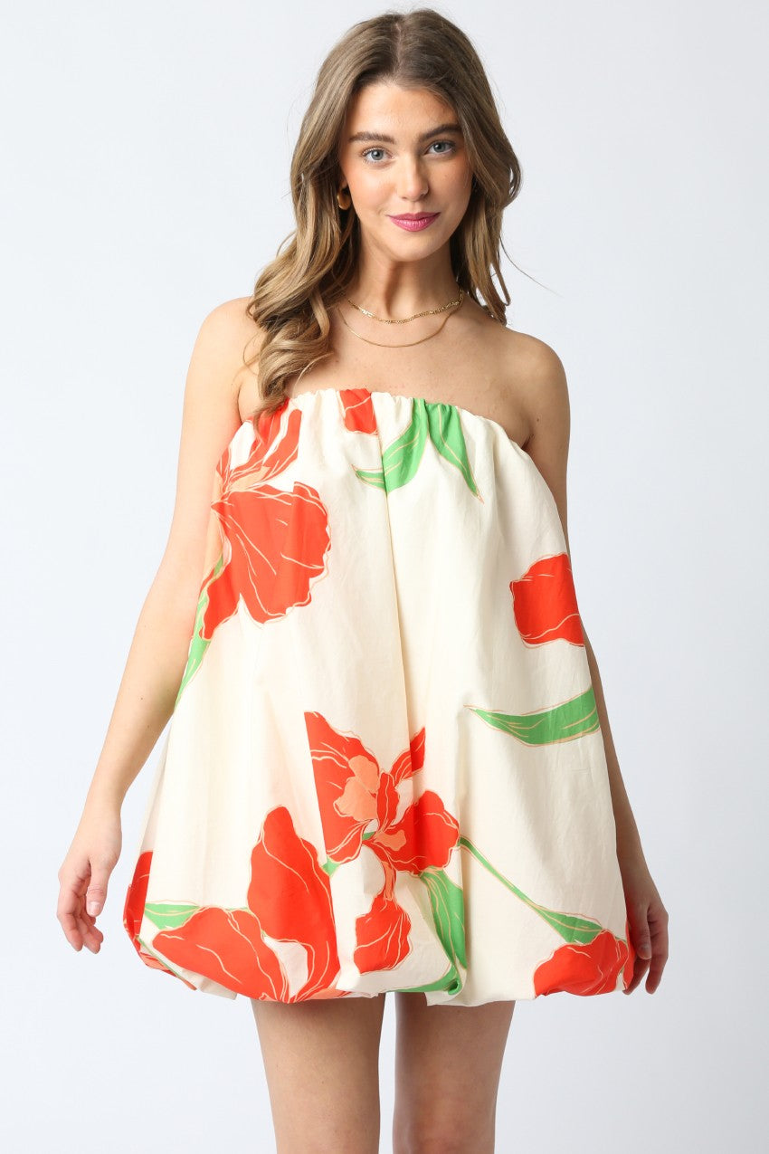 Red/Orange Floral Strapless Bubble Dress