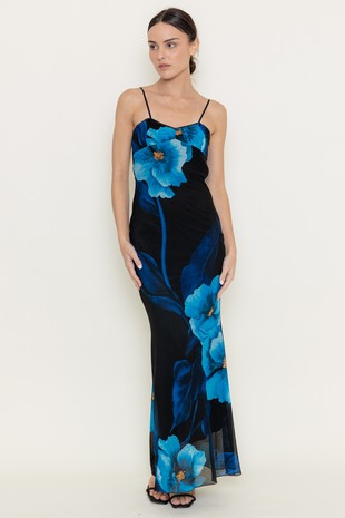 Blue/Black Flower Maxi Slip Dress