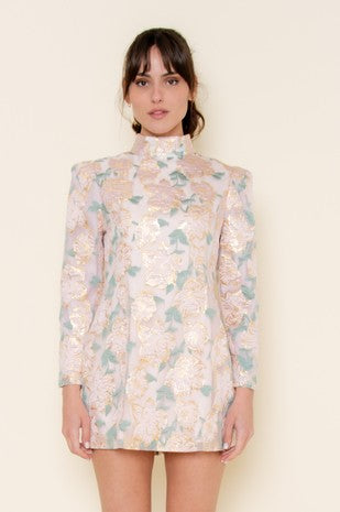 NEWEST ARRIVAL Pink/Gold Jacquard Long Sleeve Mini Dress