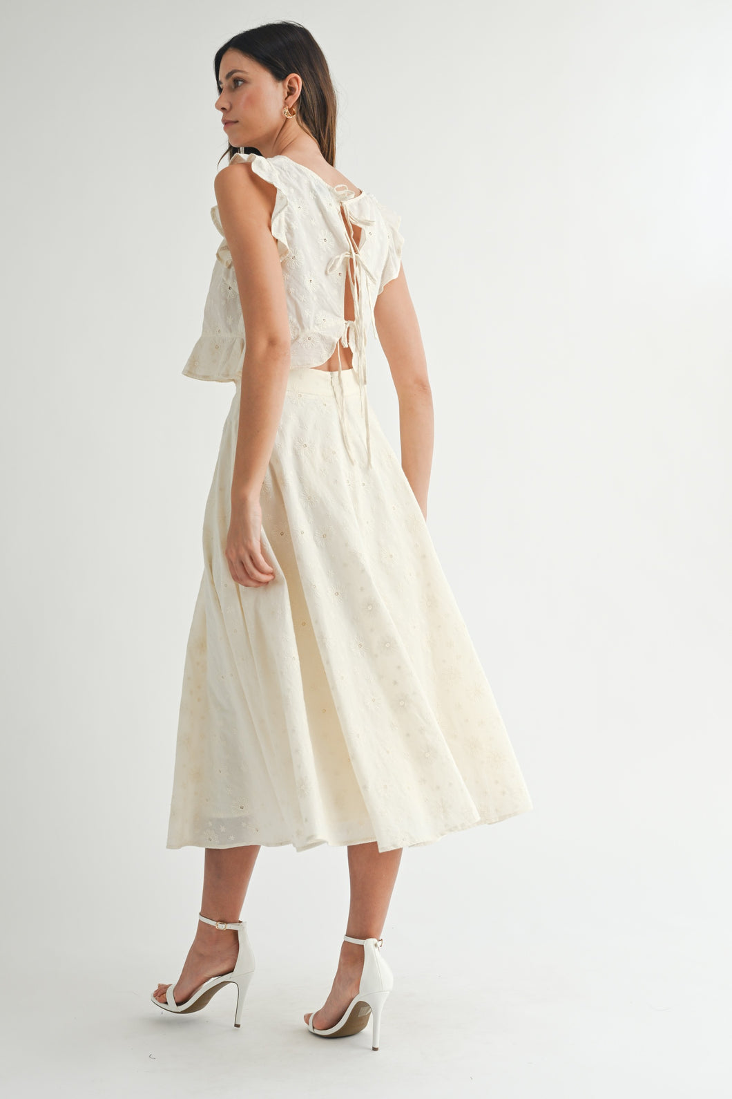 NEWEST ARRIVAL Cream Eyelet Bow Back Midi Skirt Set