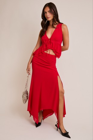 NEWEST ARRIVAL Red Layered Asymmetrical Midi Skirt Set
