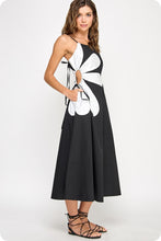 Load image into Gallery viewer, LAST ONE Black/White Side Flower Cut Out Midi Dress
