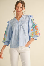 Load image into Gallery viewer, LAST ONE Blue Striped Flower Embroidered Sleeve Blouse
