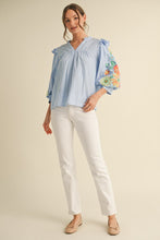 Load image into Gallery viewer, LAST ONE Blue Striped Flower Embroidered Sleeve Blouse
