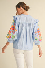 Load image into Gallery viewer, LAST ONE Blue Striped Flower Embroidered Sleeve Blouse
