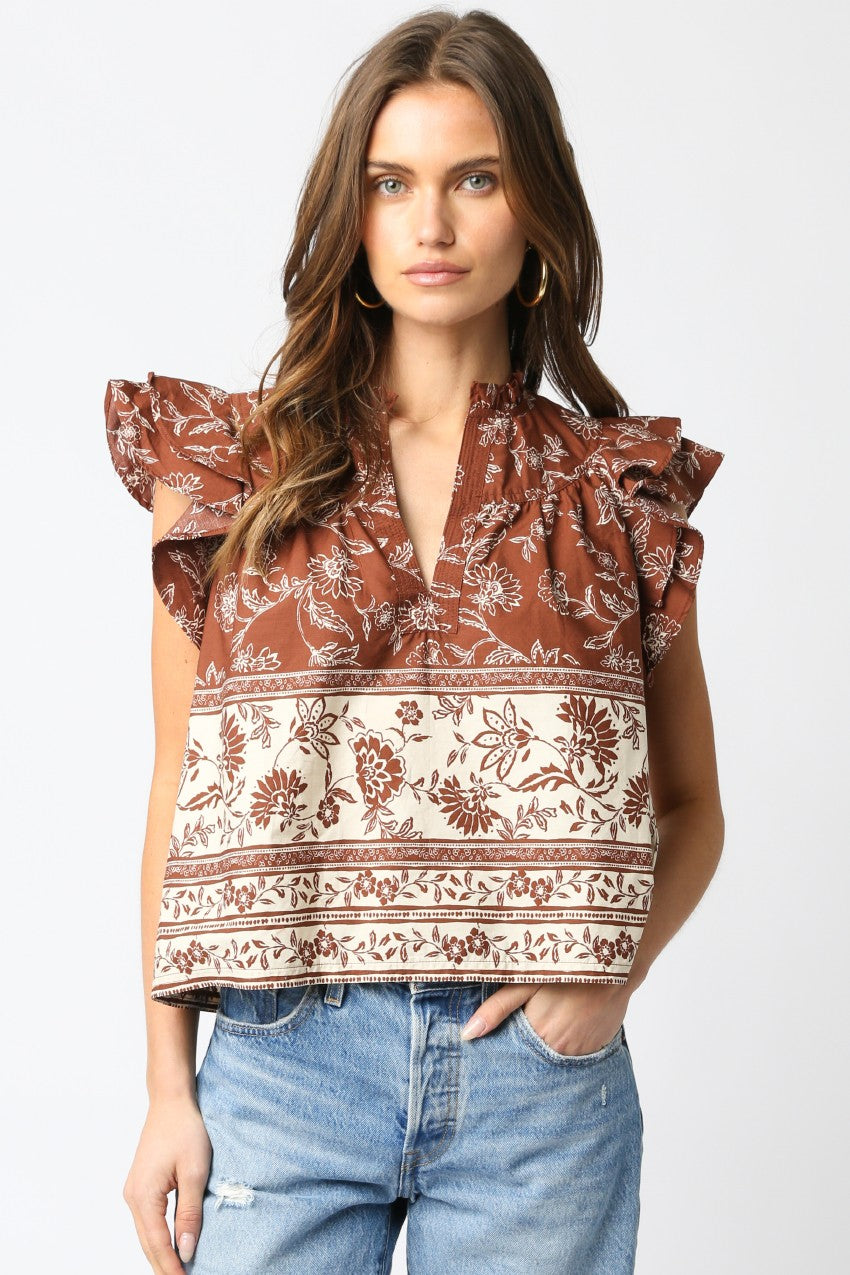 NEWEST ARRIVAL Brown Floral Ruffle Blouse