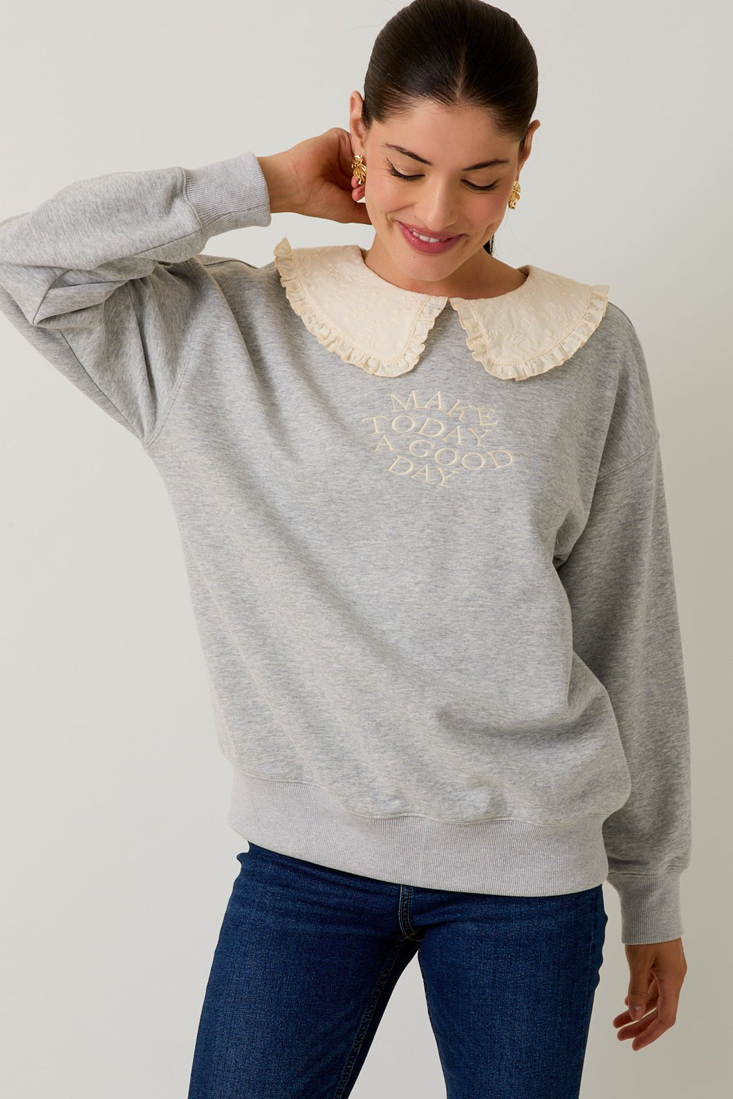 NEWEST ARRIVAL Gray/Cream Peter Pan Collar Make Today a Good Day Sweater