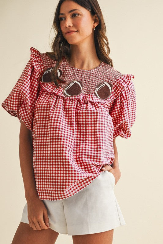 NEWEST ARRIVAL Crimson Red Football Embroidered Smocked Blouse