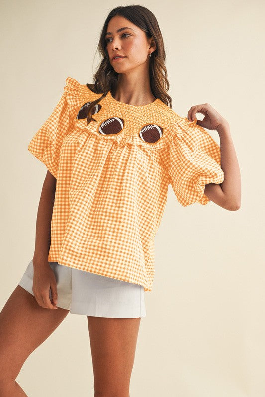 NEWEST ARRIVAL Orange Football Embroidered Smocked Blouse
