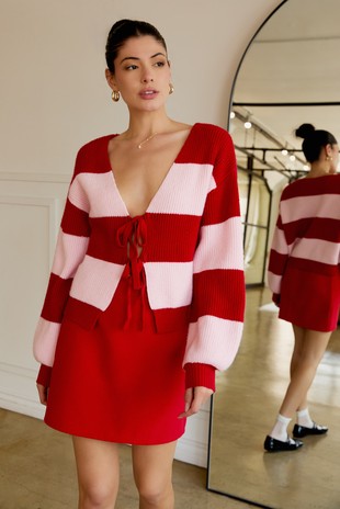 NEWEST ARRIVAL Pink/Red Color Block Front Tie Sweater