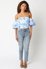 Load image into Gallery viewer, White/Blue Floral Off Shoulder Bubble Top
