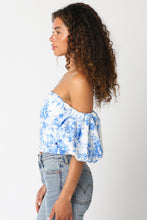 Load image into Gallery viewer, White/Blue Floral Off Shoulder Bubble Top
