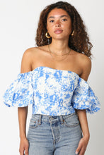 Load image into Gallery viewer, White/Blue Floral Off Shoulder Bubble Top
