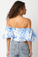 Load image into Gallery viewer, White/Blue Floral Off Shoulder Bubble Top
