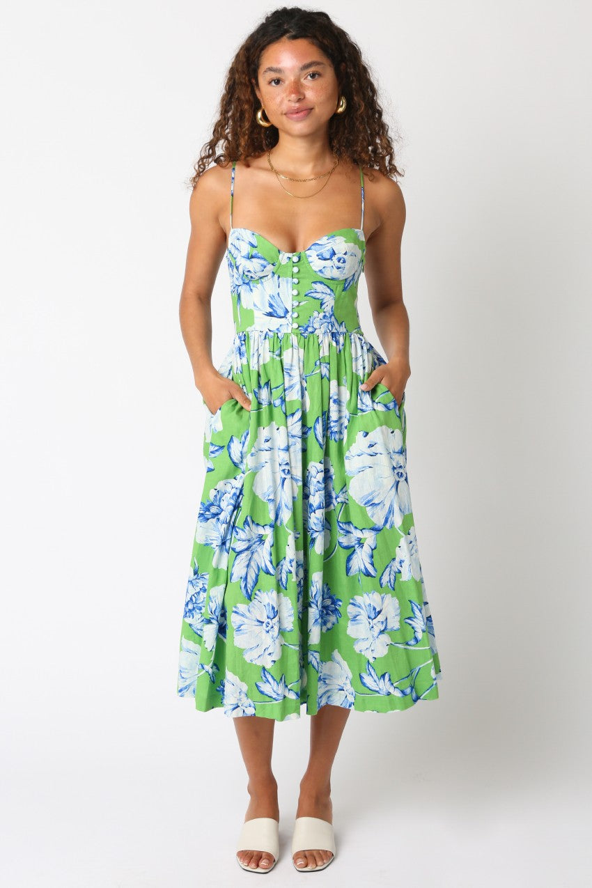 Blue/Green Floral Print Bustier Midi Dress