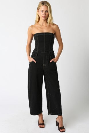 NEWEST ARRIVAL Black Denim Barrel Leg Jumpsuit