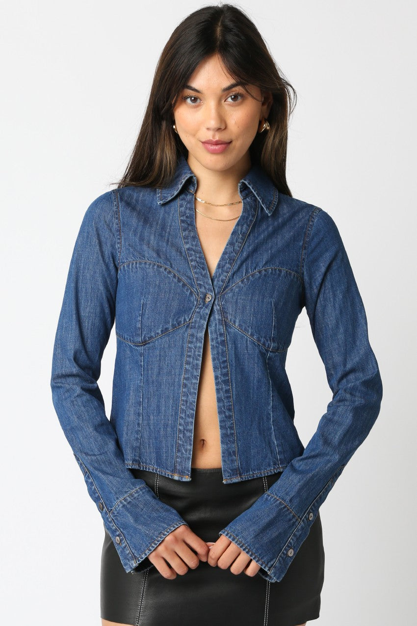 NEWEST ARRIVAL Denim Long Sleeve Single Button Blouse