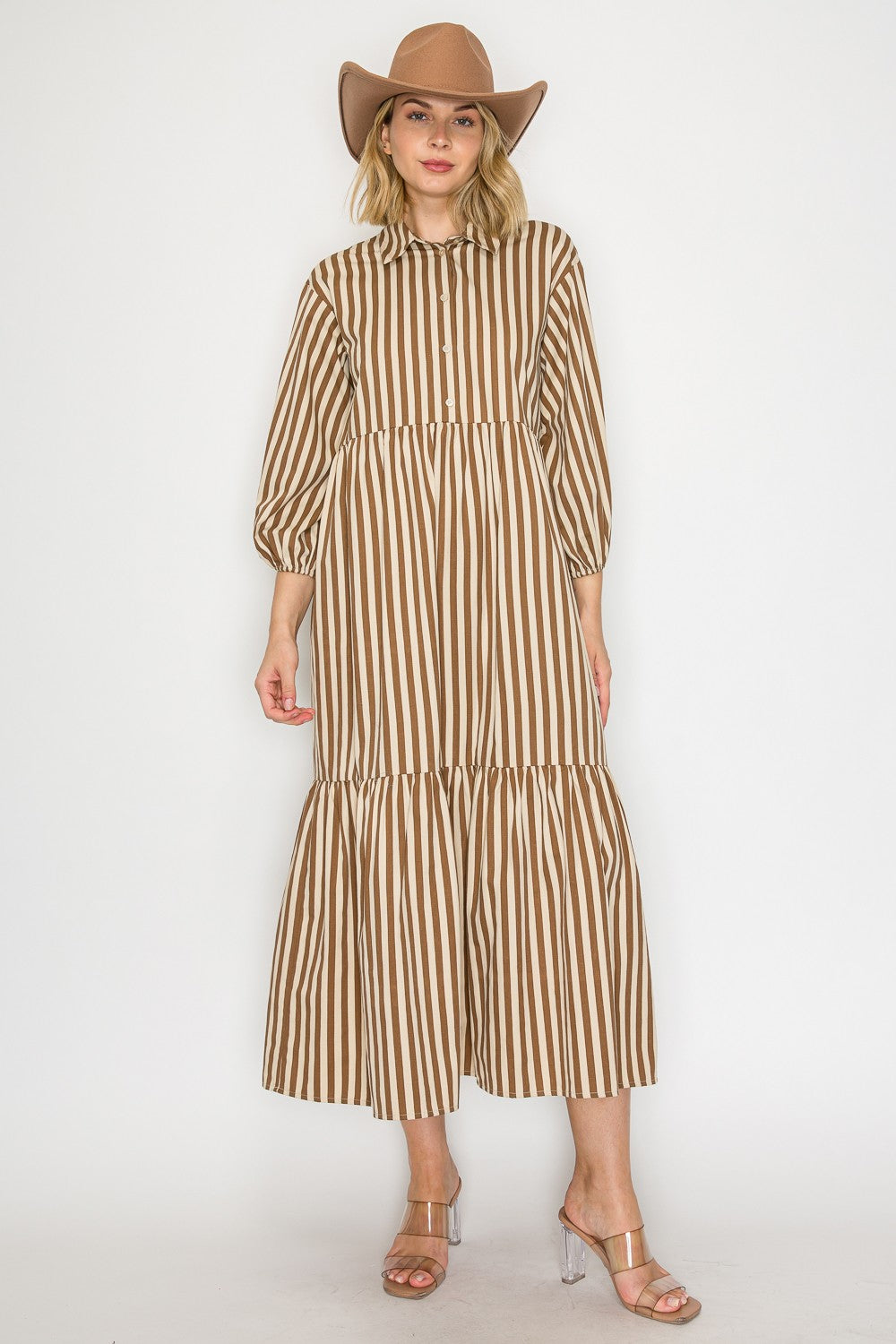 NEWEST ARRIVAL Mocha Brown Striped Midi Shirt Dress