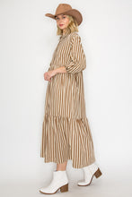 Load image into Gallery viewer, NEWEST ARRIVAL Mocha Brown Striped Midi Shirt Dress
