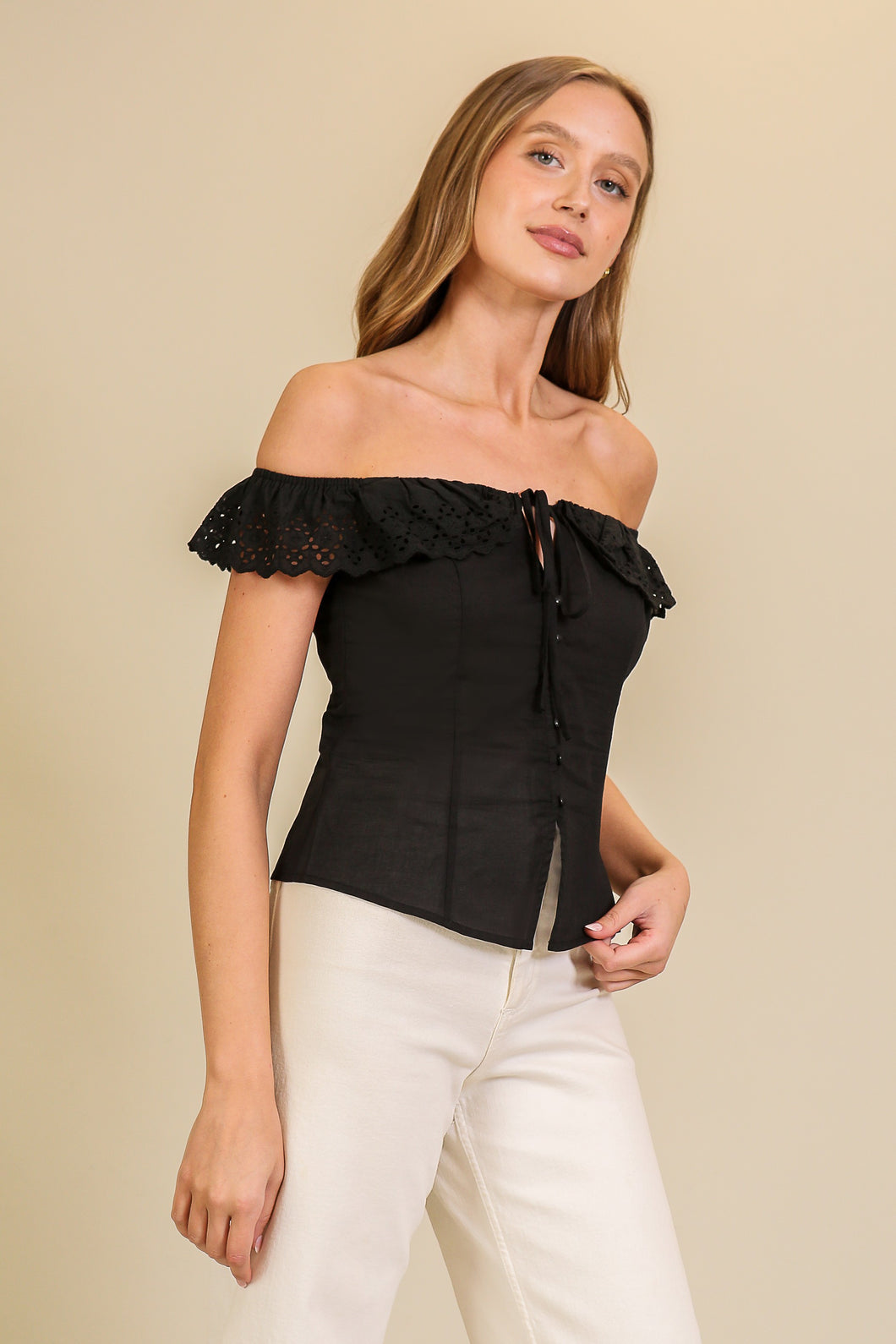 FINAL SALE Black Off Shoulder Lace Blouse