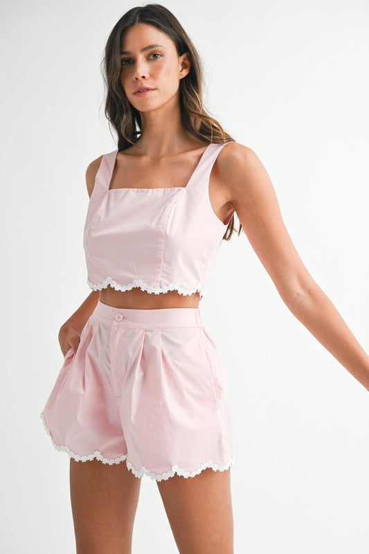 Pink Flower Trim Crop Shorts Set